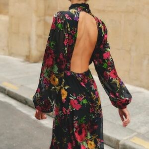 Lulus Graceful Arrival Black Floral Burnout Backless Maxi Dress